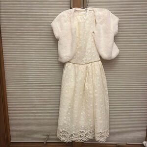 Elegant Cream Lace Dress with Faux Fur Shrug